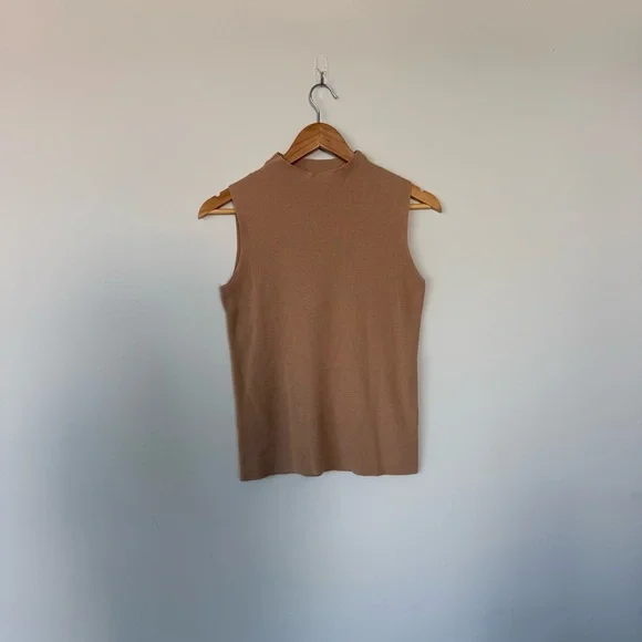 Ann Taylor Camel Color Sleeveless Mock Neck Neutral Lightweight Sweater Top - Picture 5 of 12